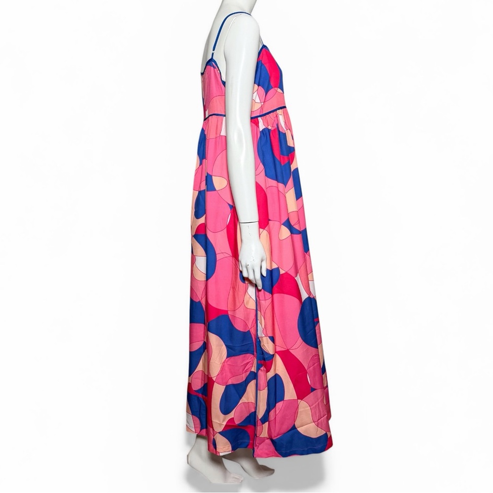 Pink Blue Geometric Resort Maxi Dress Empire Waist Vacation L Pants Store - Picture 4 of 9